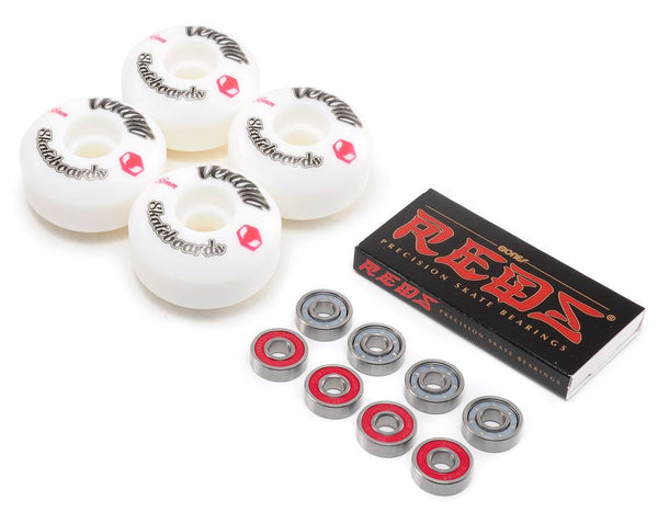 Venom Skateboards Logo White Skateboard Wheels & Bones Reds Bearings Pack - Skatewarehouse.co.uk