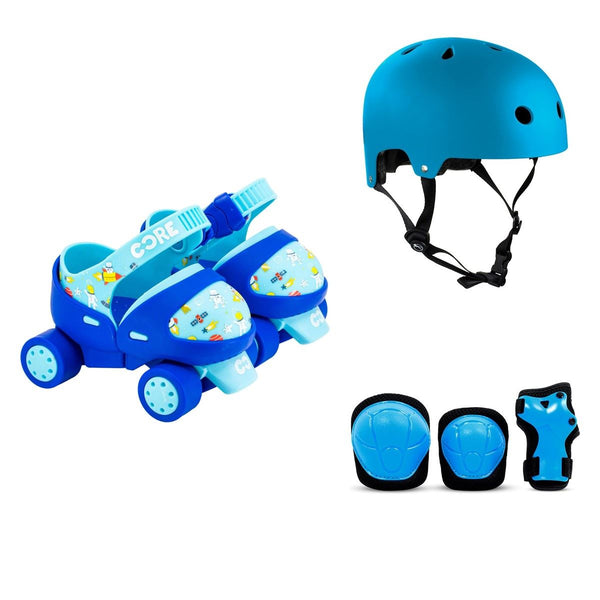CORE Kids Stomp & Roll Adjustable Learner - Blue Quad Skates - UK Junior 5-12 / EU 22-30 Bundle - SFR Helmet & Pads