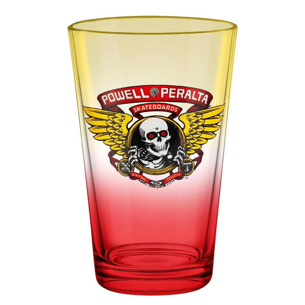 Powell-Peralta Pint Glass • Winged Ripper • Yellow / Red Fade Skateboard Deck