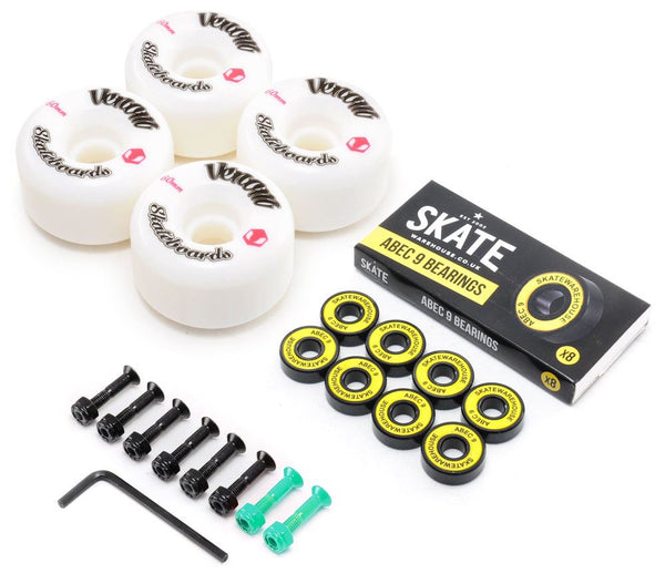 Venom Skateboards Logo White Skateboard Wheels & Skatewarehouse ABEC 9 Bearings Pack + Bolts! - Skatewarehouse.co.uk