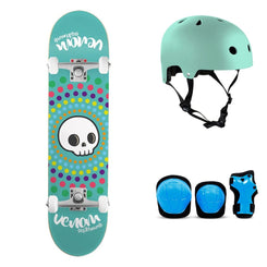 Venom Core - Skull Spots Teal Complete Skateboard Bundle - SFR Helmet & Pads - 7.75"