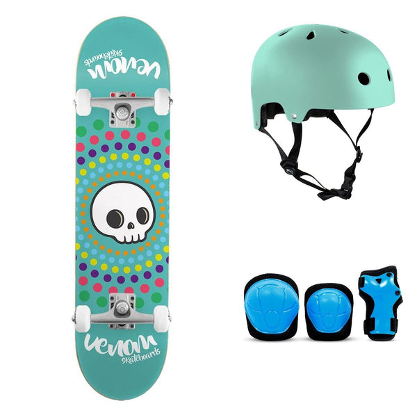 Venom Core - Skull Spots Teal Complete Skateboard Bundle - SFR Helmet & Pads - 7.75