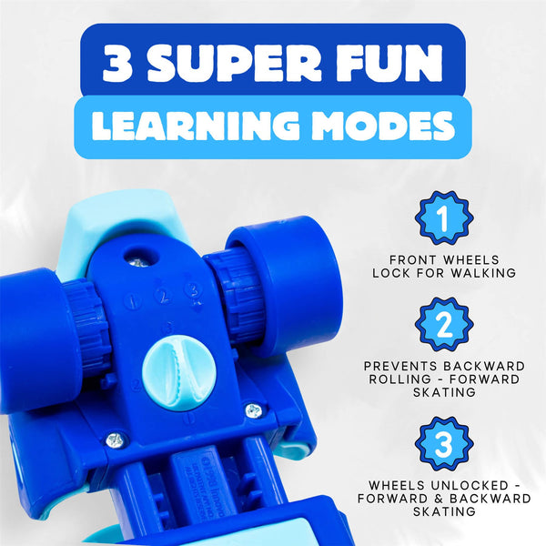 CORE Kids Stomp & Roll Adjustable Learner - Blue Quad Skates - UK Junior 5-12 / EU 22-30 Bundle