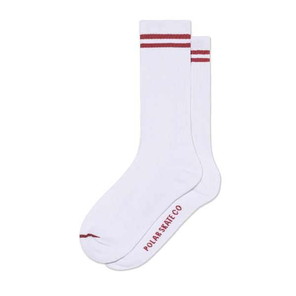 Polar Skate Co Rib Socks | Long | 2 Stripes (White / Cherry) - 35 - 38