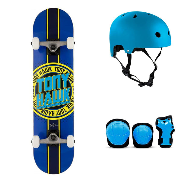 Tony Hawk SS 180+ Badge Logo Blue / Yellow Complete Skateboard Bundle - SFR Helmet & Pads - 7.5