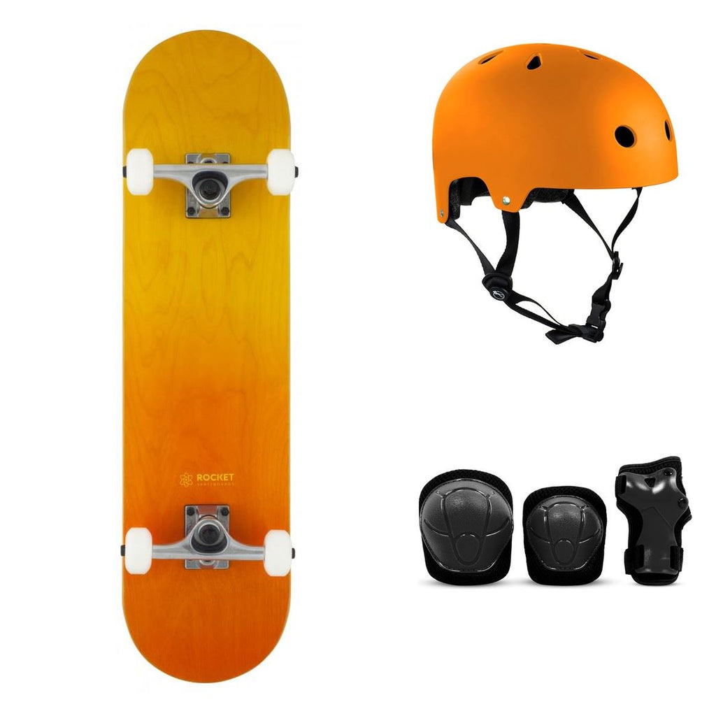 Rocket Double Dipped Orange / Yellow Complete Skateboard Bundle - SFR Helmet & Pads - 8.0"