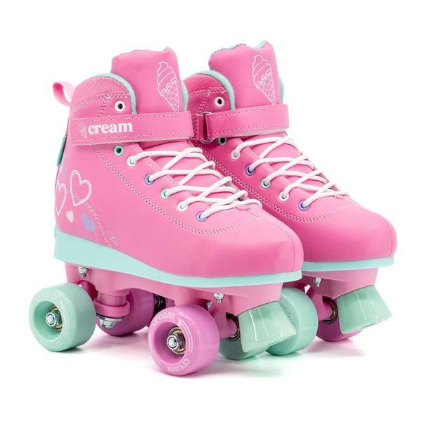 CREAM Scoop Quad Roller Skates, Adjustable - Hearts, Pink / Teal
