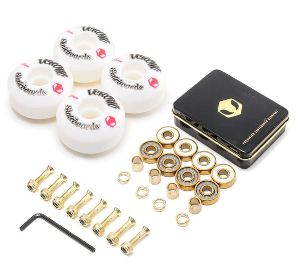 Venom Skateboards Logo White Skateboard Wheels & Venom Gold Bearings Pack + Bolts! - Skatewarehouse.co.uk