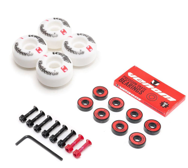 Venom Skateboards Logo White Skateboard Wheels & Venom ABEC 9 Bearings Pack + Bolts! - Skatewarehouse.co.uk