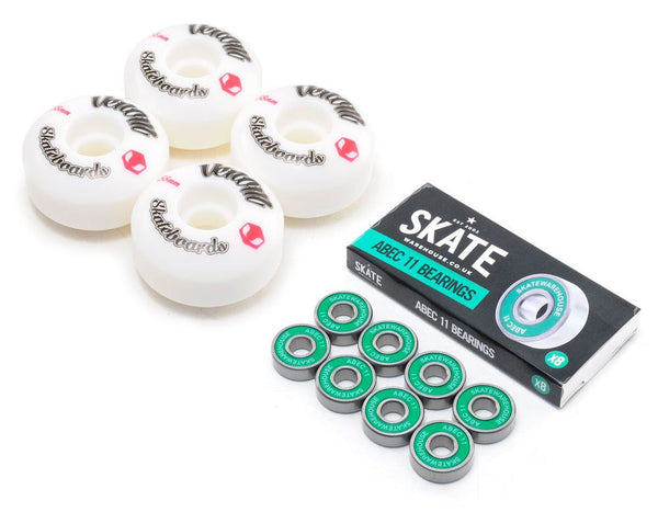 Venom Skateboards Logo White Skateboard Wheels & Skatewarehouse ABEC 11 Bearings Pack - Skatewarehouse.co.uk