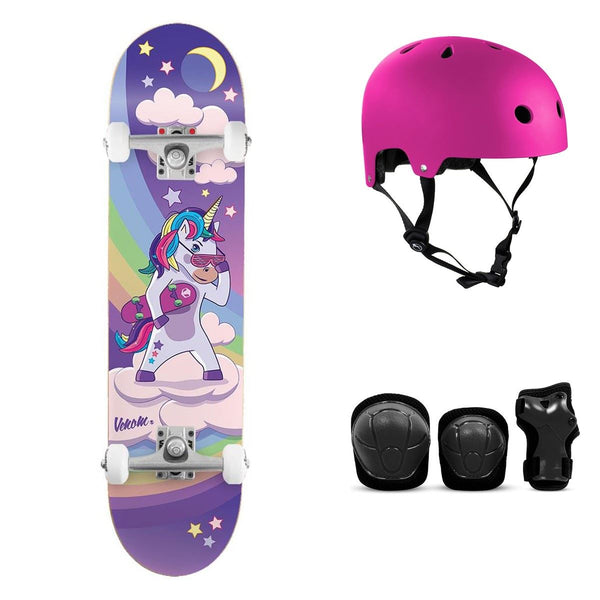 Venom Junior Kids - Unicorn Night Purple Complete Skateboard Bundle - SFR Helmet & Pads - 7.25