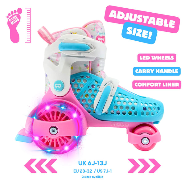 CORE Kids Newbie 4 Wheel Adjustable , LED Wheels - Pink / Blue Quad Skates - 6-9J UK / 23-27 EU / 7-10J US Bundle