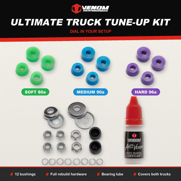 Venom Ultimate Skateboard Truck Tune-Up Kit - Rebuild Kit, Soft, Medium & Hard Bushings & Bearing Lube