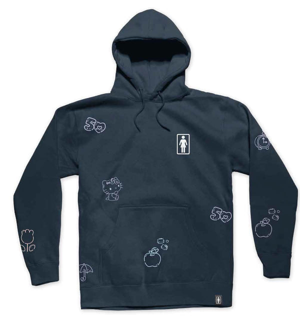 Girl x Hello Kitty 50th All Over Hoodie Navy - Skatewarehouse.co.uk