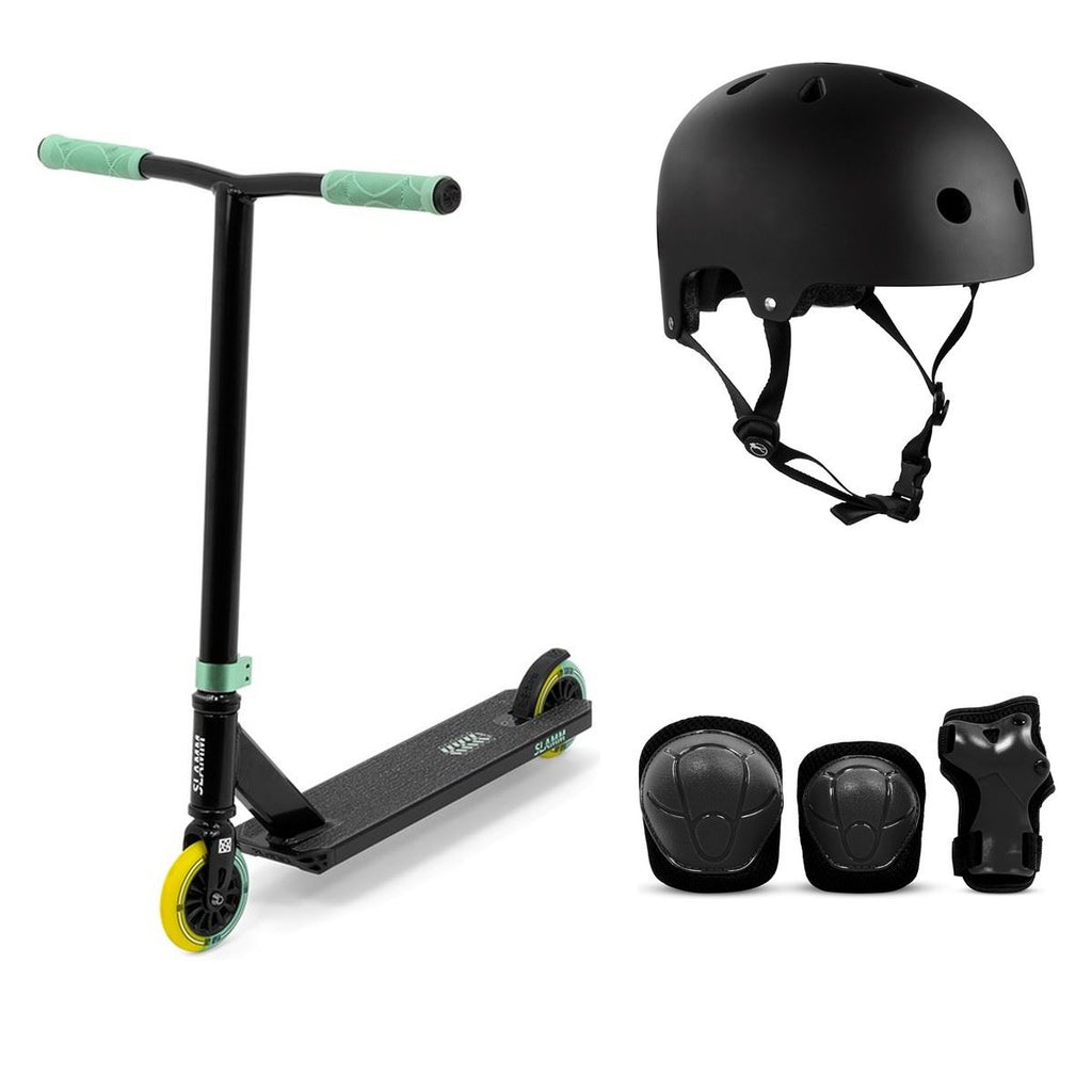 Slamm Classic Mini Pro Stunt Scooter - One Size Black / Green Bundle - SFR Helmet & Pads