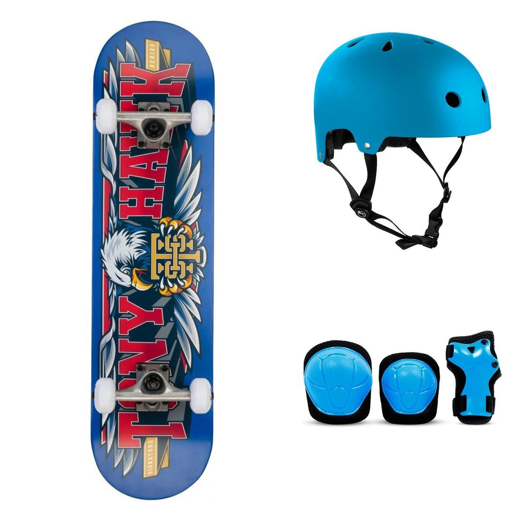 Tony Hawk SS 180 Big League Blue Complete Skateboard Bundle - SFR Helmet & Pads - 7.75"