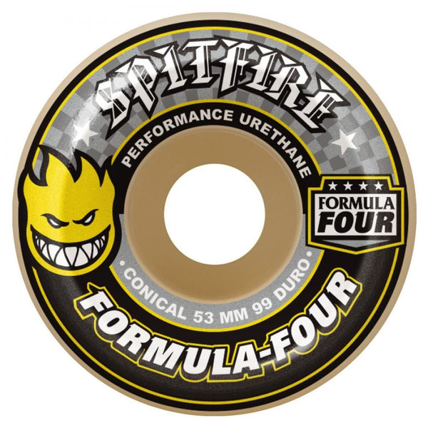 Spitfire Formula Four Skateboard Wheels Conical 99 DU (Yellow print) - Natural - Skatewarehouse.co.uk