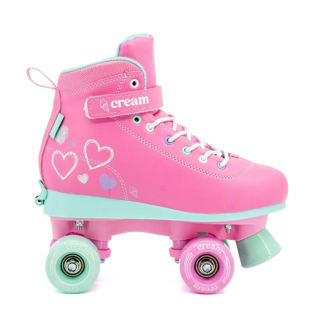 CREAM Scoop Quad Roller Skates, Adjustable - Hearts, Pink / Teal