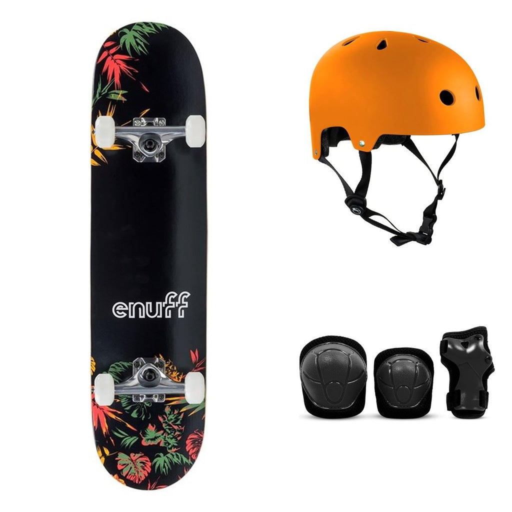 Enuff Floral Orange Complete Skateboard Bundle - SFR Helmet & Pads