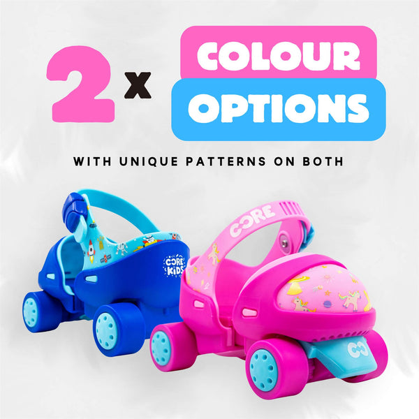 CORE Kids Stomp & Roll Adjustable Learner - Pink / Blue Quad Skates - UK Junior 5-12 / EU 22-30 Bundle