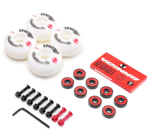 Venom Skateboards Logo White Skateboard Wheels & Venom ABEC 9 Bearings Pack + Bolts! - Skatewarehouse.co.uk