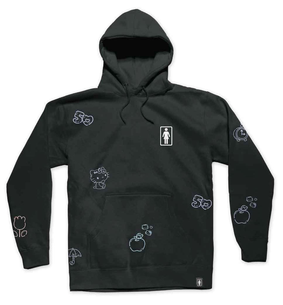 Girl x Hello Kitty 50th All Over Hoodie Black - Skatewarehouse.co.uk