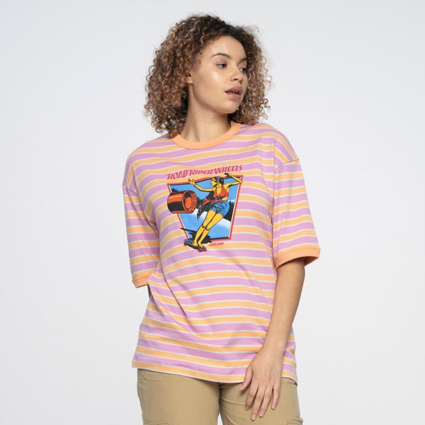 Santa Cruz Womens T-Shirt Ad Strip Dolly Oversized Tee - Pink / Orange Stripe - Skatewarehouse.co.uk