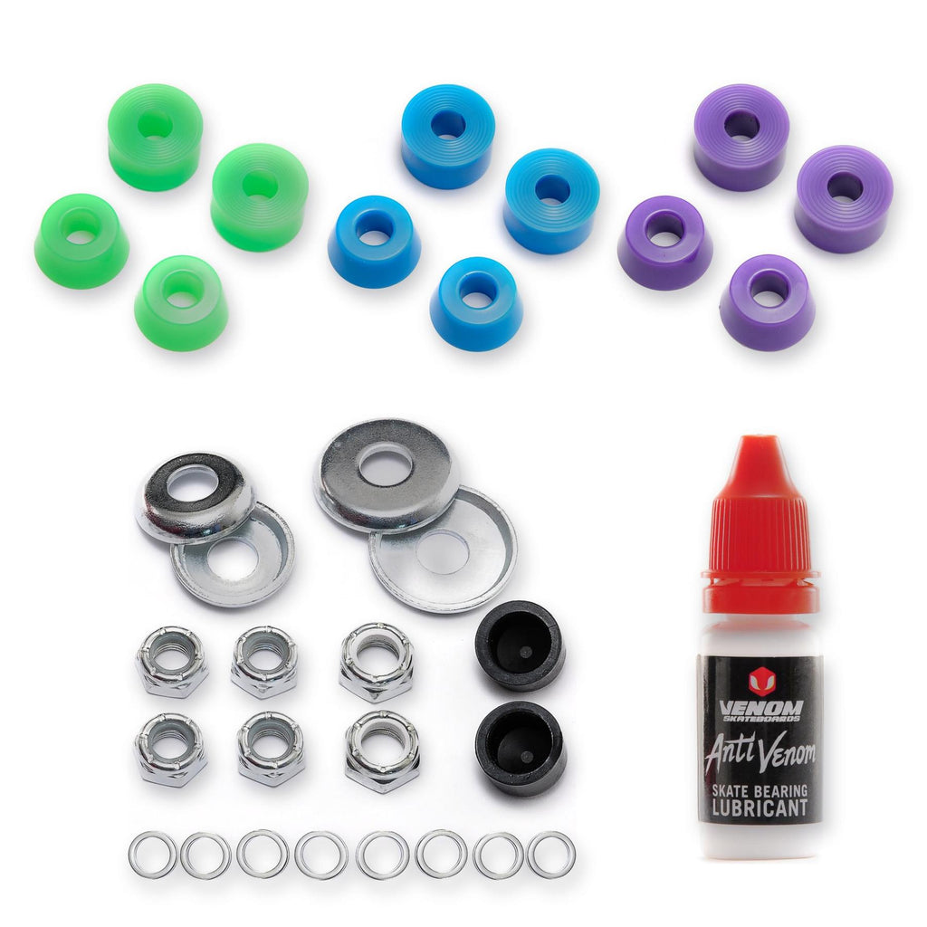 Venom Ultimate Skateboard Truck Tune-Up Kit - Rebuild Kit, Soft, Medium & Hard Bushings & Bearing Lube