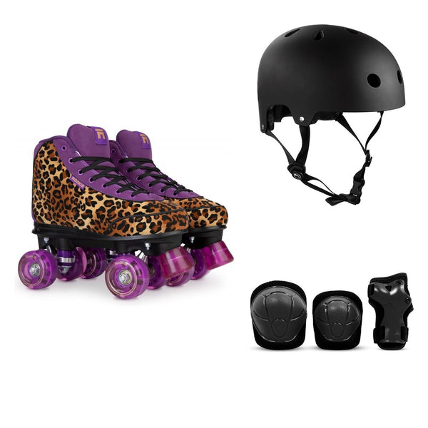 Rookie Rollerskates Harmony V2 Quad Skates Leopard Bundle - SFR Helmet & Pads