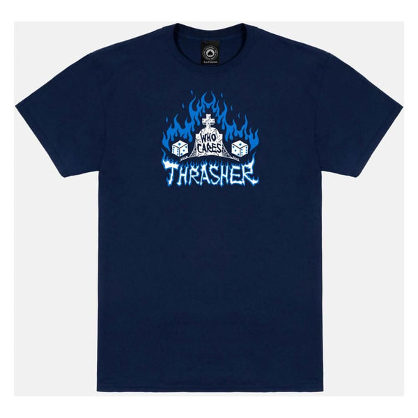 Thrasher T-Shirt Who Cares by Neckface - Navy - Skatewarehouse.co.uk