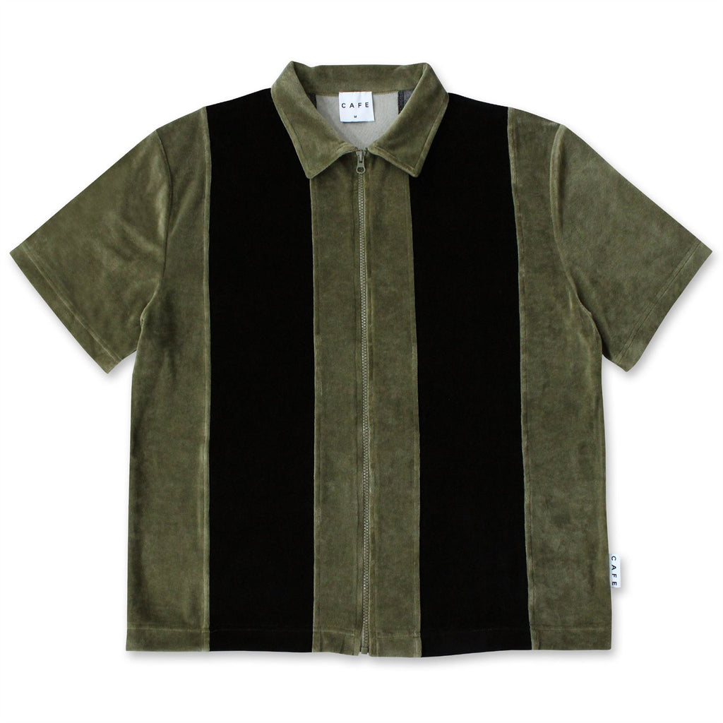 Skateboard Cafe Full Zip Velour Stripe Shirt (Olive / Black) - XL