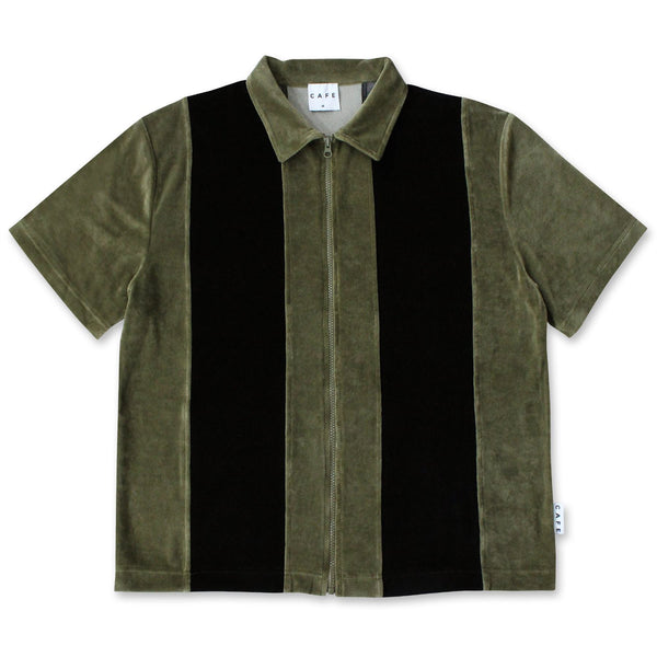 Skateboard Cafe Full Zip Velour Stripe Shirt (Olive / Black) - XL