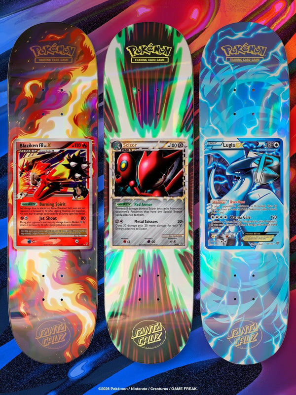 Santa Cruz x Pokémon TCG skateboard decks with Blaziken FB LV.X, Scizor and Lugia EX card art
