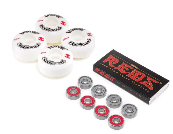 Venom Skateboards Logo White Skateboard Wheels & Bones Reds Bearings Pack - Skatewarehouse.co.uk