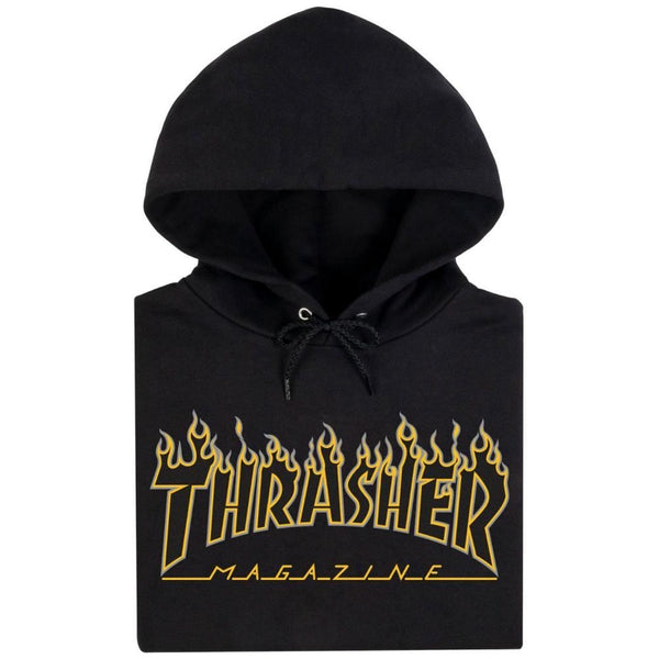 Thrasher Hoody Flame Outline Hood - Black / Yellow - Skatewarehouse.co.uk