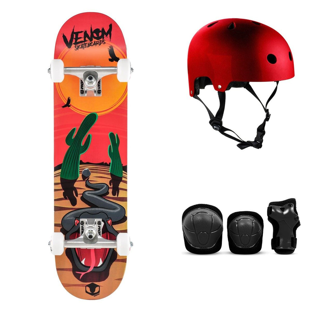 Venom Junior - Desert Viper Red Complete Skateboard Bundle - SFR Helmet & Pads - 7.25"