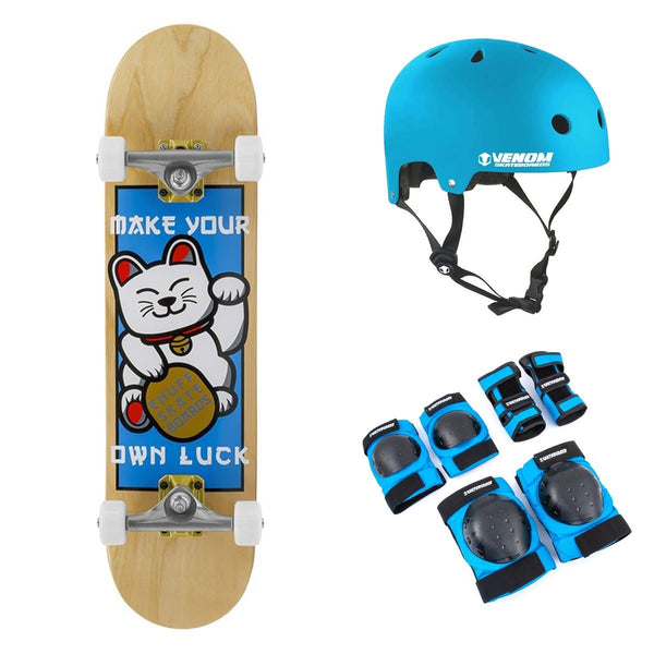 Enuff Lucky Cat Natural Complete Skateboard Bundle - Blue Helmet & Pads - 7.25