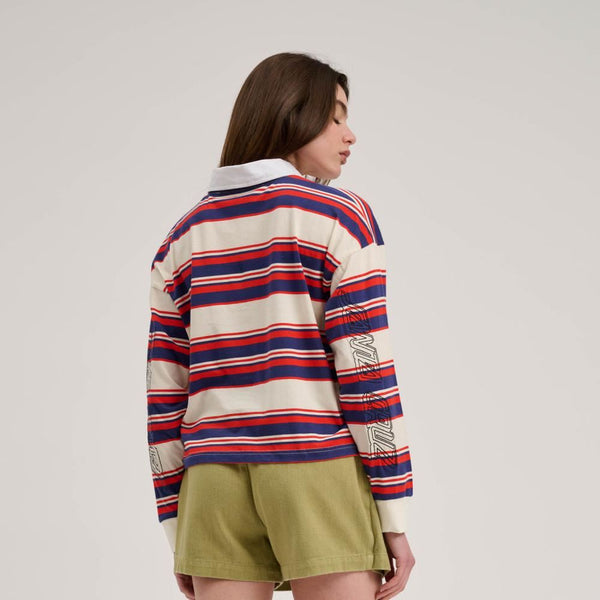 Santa Cruz Womens L/S Top Monterey Crop Polo Top - Off White Stripe - Skatewarehouse.co.uk