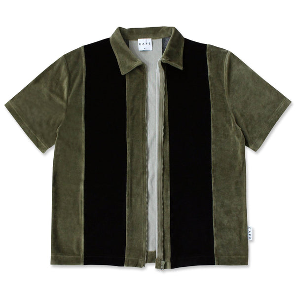 Skateboard Cafe Full Zip Velour Stripe Shirt (Olive / Black) - XL