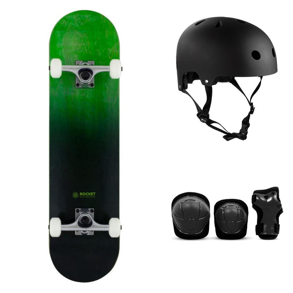 Rocket Double Dipped Black / Green Complete Skateboard Bundle - SFR Helmet & Pads - 8.0