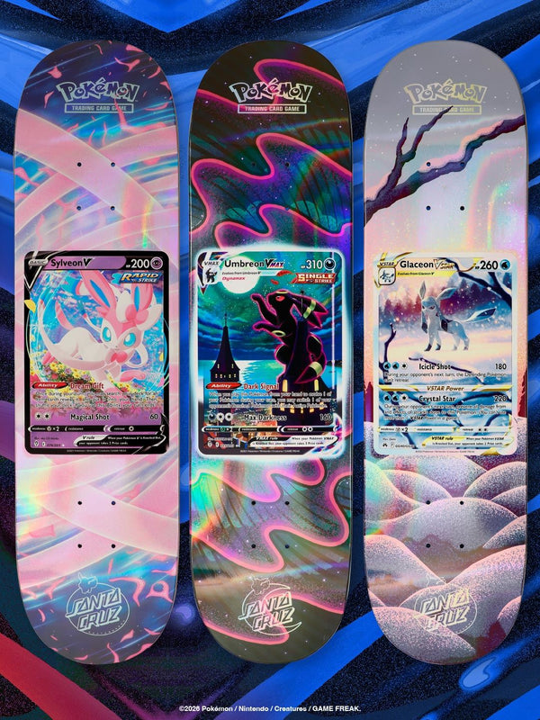 Santa Cruz x Pokémon TCG skateboard decks with Sylveon V, Umbreon VMAX and Glaceon VSTAR card art