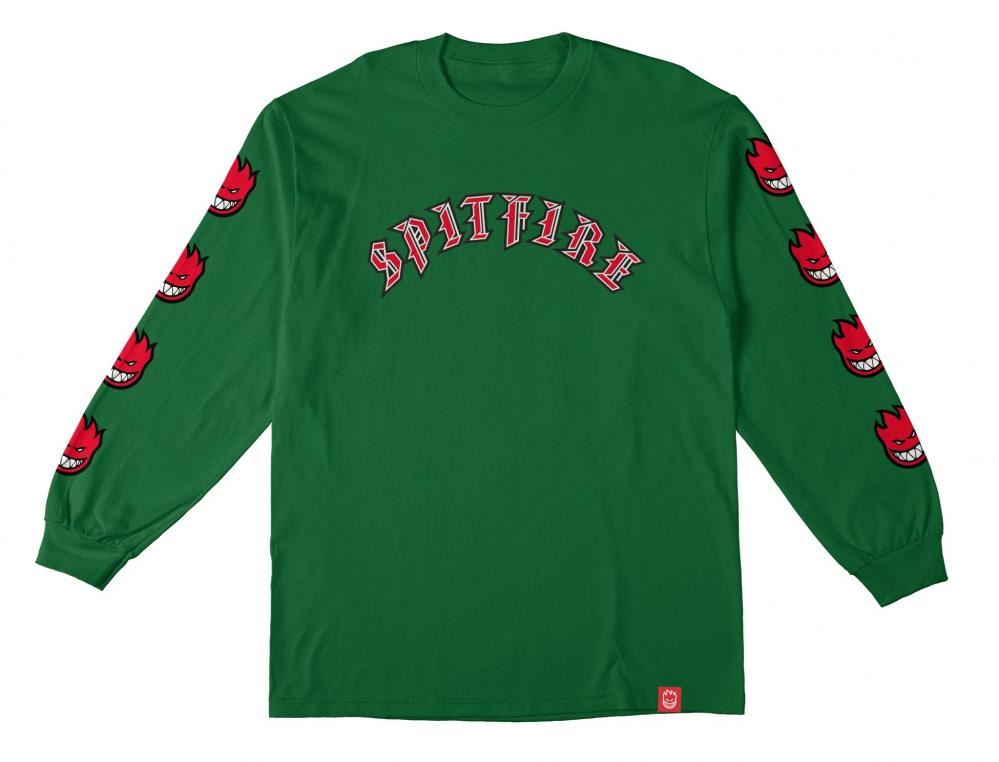 Spitfire L/S T-Shirt Old E Bighead Fill Sleeve - Kelly Green / Red / White - Skatewarehouse.co.uk