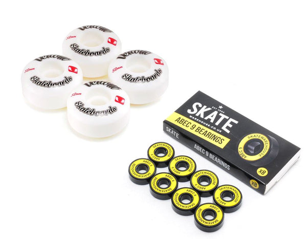 Venom Skateboards Logo White Skateboard Wheels & Skatewarehouse ABEC 9 Bearings Pack - Skatewarehouse.co.uk