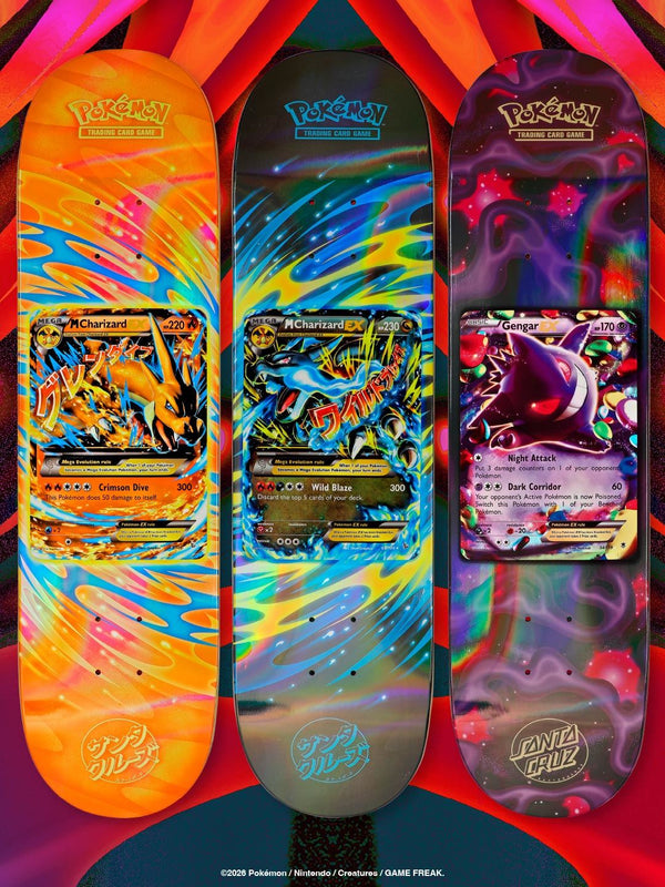 Santa Cruz x Pokémon TCG skateboard decks with two M Charizard EX cards and Gengar EX card art