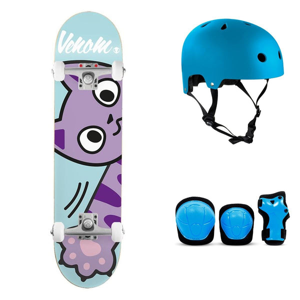 Venom Junior Kids - Kitty Swipe Blue Complete Skateboard Bundle - SFR Helmet & Pads - 7.25