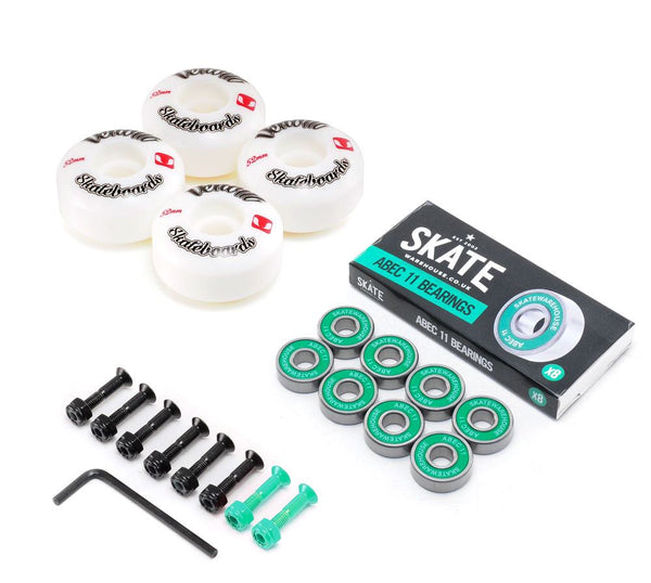 Venom Skateboards Logo White Skateboard Wheels & Skatewarehouse ABEC 11 Bearings Pack + Bolts! - Skatewarehouse.co.uk