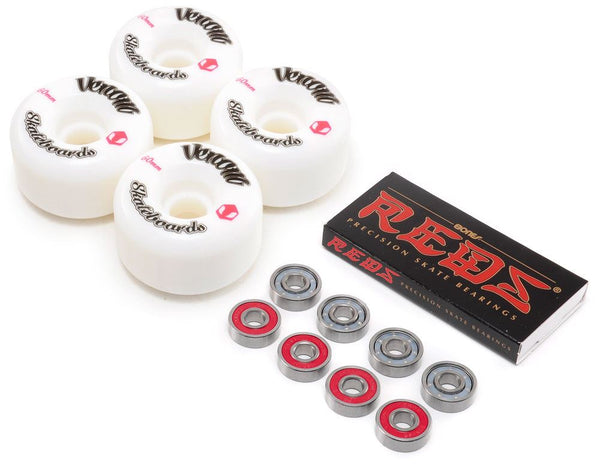 Venom Skateboards Logo White Skateboard Wheels & Bones Reds Bearings Pack - Skatewarehouse.co.uk