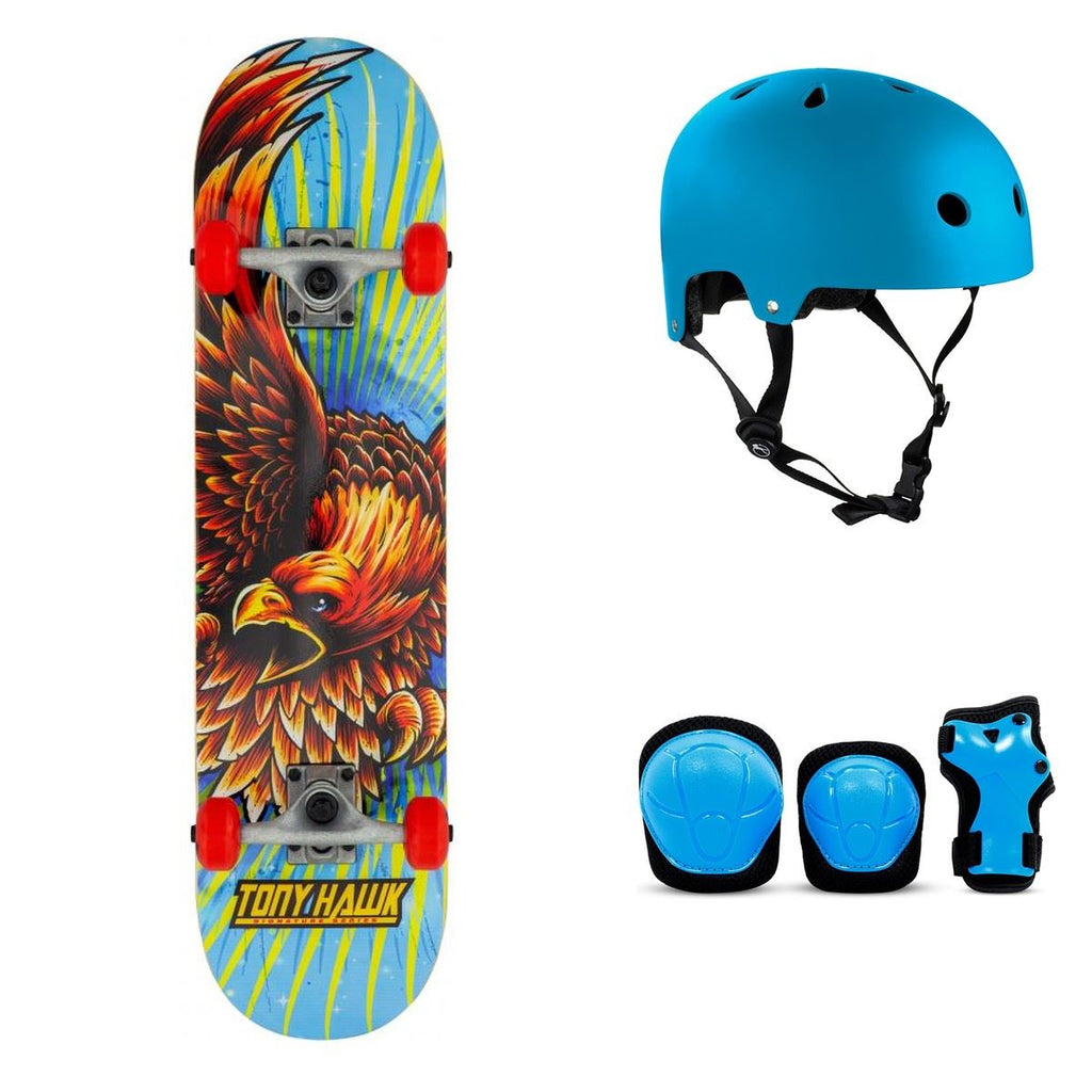 Tony Hawk SS 180 Golden Hawk Blue / Gold Complete Skateboard Bundle - SFR Helmet & Pads - 7.75"