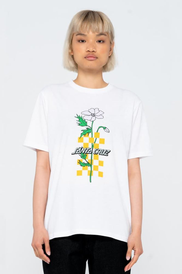 Santa Cruz Womens T-Shirt Checkerbloom Strip T-Shirt - White - Skatewarehouse.co.uk