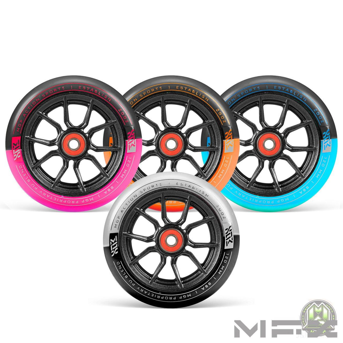 Roues Madd Gear Pour Trottinette MFX RWilly Switchblade - 120mm - Blanc/Chrome - Lot De 2